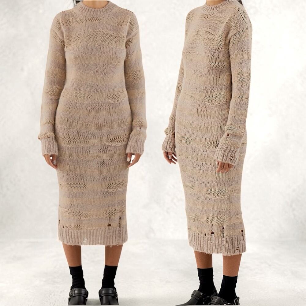 New $650 ACNE STUDIOS Kermelina Sweater Midi Dress Wool Mohair Beige Striped